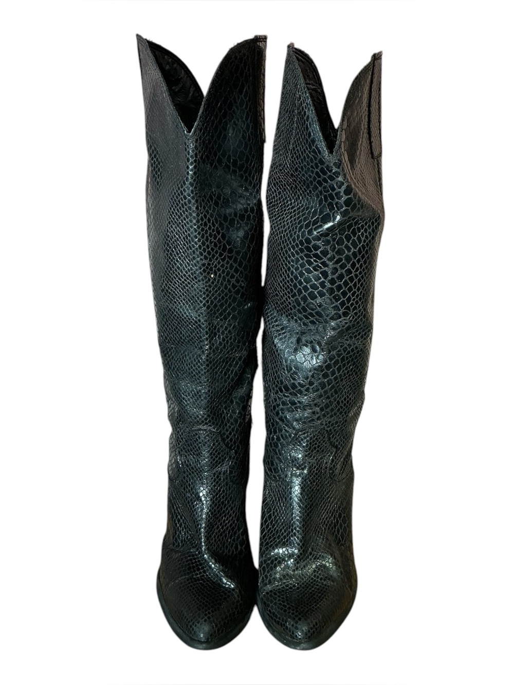 Vintage Snake Embossed Leather Vara Goma Heeled Tall Cowboy Boot in Black